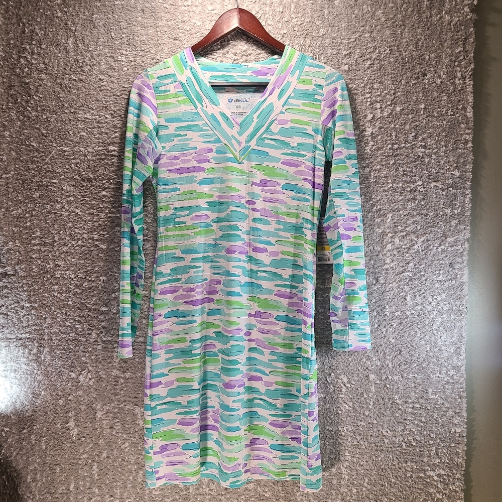 IBKUL Women V-Neck Deidra Seafoam Dress Mesh Long Sleeves XS UPF 50 Nylon NWT